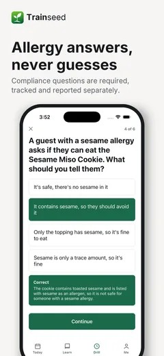 A required allergen question with a REQUIRED badge and a correct answer highlighted